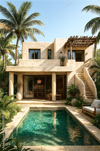 Inside of a Luxurious Tropical White Villa Mediterranean house, with swimming pool and palm trees. Hot climate. Sofas