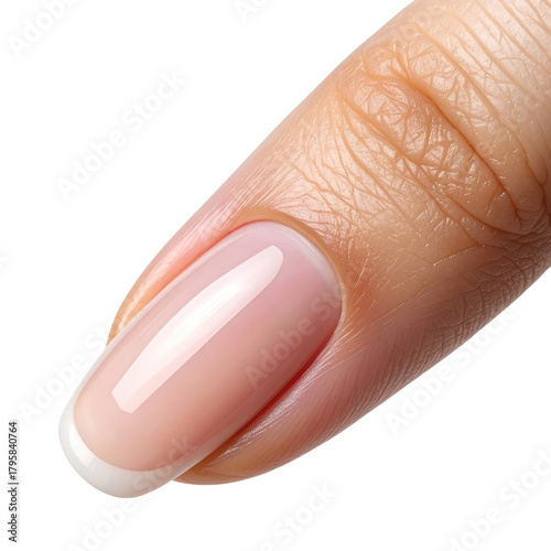 Fingertip with elegant, light French manicure against a black background