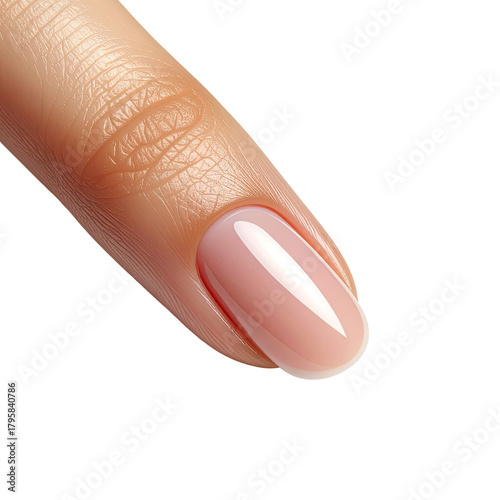 Clean nail. Natural pink gel manicure on woman's finger close-up shot
