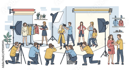 Fashion Photography Shoot with Models and Photographers in a Studio Setting