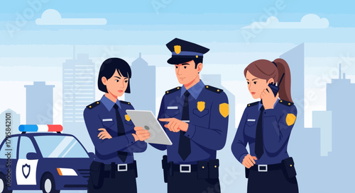 Three Police Officers Discussing Information on a Tablet Device