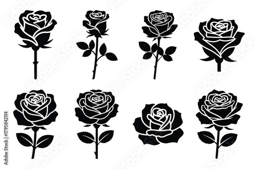 rose flower silhouette valentine vector icon set.