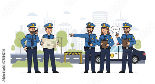 Group of Police Officers in Uniforms Discussing Strategy in the City