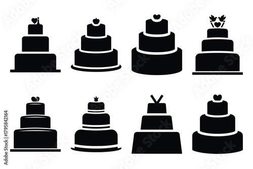wedding cake silhouette valentine vector icon set.