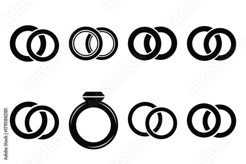 wedding ring silhouette valentine vector icon set.