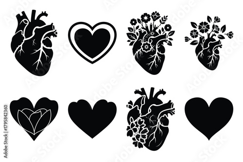 heart blossom silhouette valentine vector icon set.