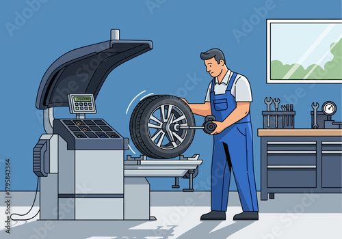 Mechanic Balancing Car Tire on Wheel Balancer Machine