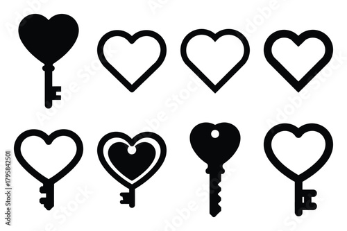 heart key silhouette valentine vector icon set.