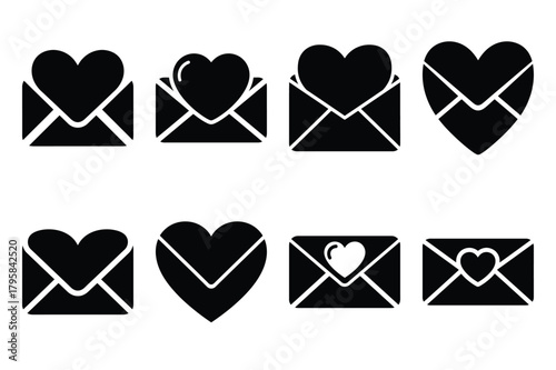 heart envelope silhouette valentine vector icon set.