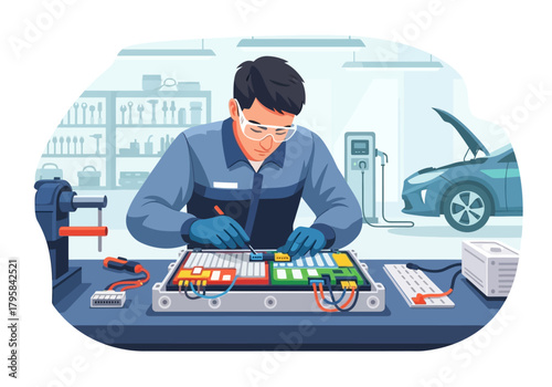 Electric Vehicle Battery Repair by Technician with Safety Glasses