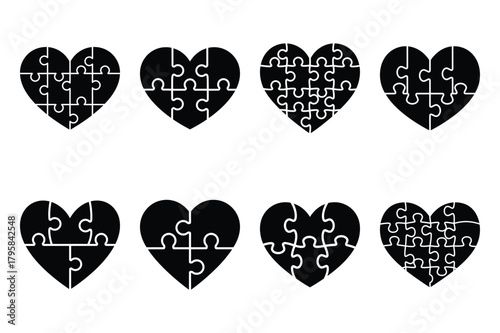 heart puzzle silhouette valentine vector icon set.