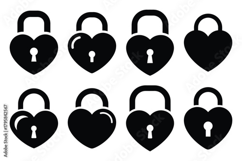 heart lock silhouette valentine vector icon set.