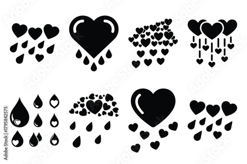 heart rain silhouette valentine vector icon set.