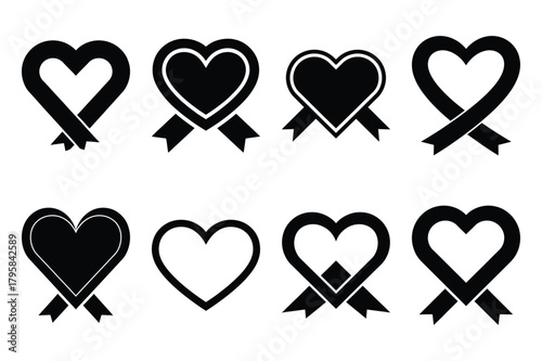 heart ribbon silhouette valentine vector icon set.
