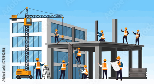Construction Site with Workers and Crane, Building Under Construction