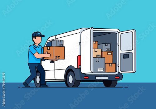 Delivery Man Unloading Boxes from a White Van with Open Doors