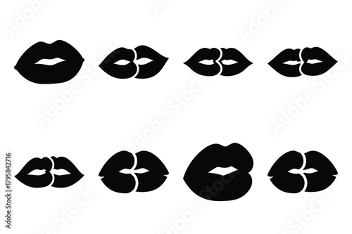 lips kiss silhouette valentine vector icon set.