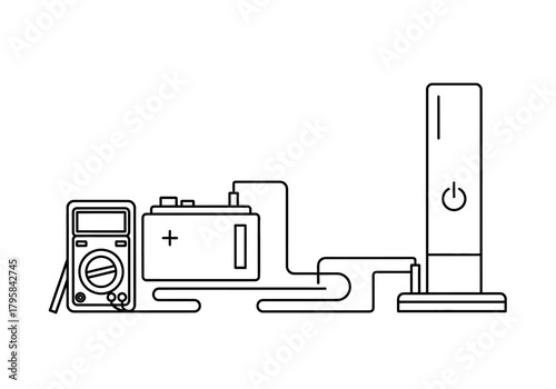 Line Art Illustration of Multimeter, Battery, and Power Supply