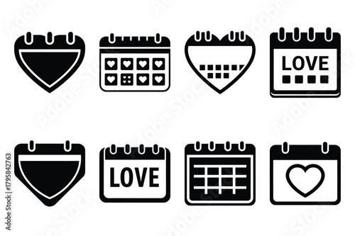love calendar silhouette valentine vector icon set.