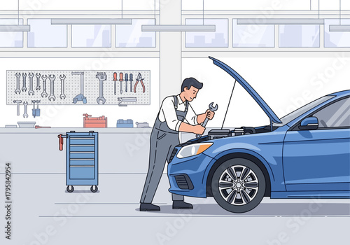 Blue Car Repair: Mechanic Working on Vehicle Engine in Garage