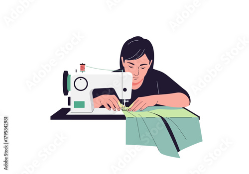 Woman Sewing Green Fabric with a White Sewing Machine