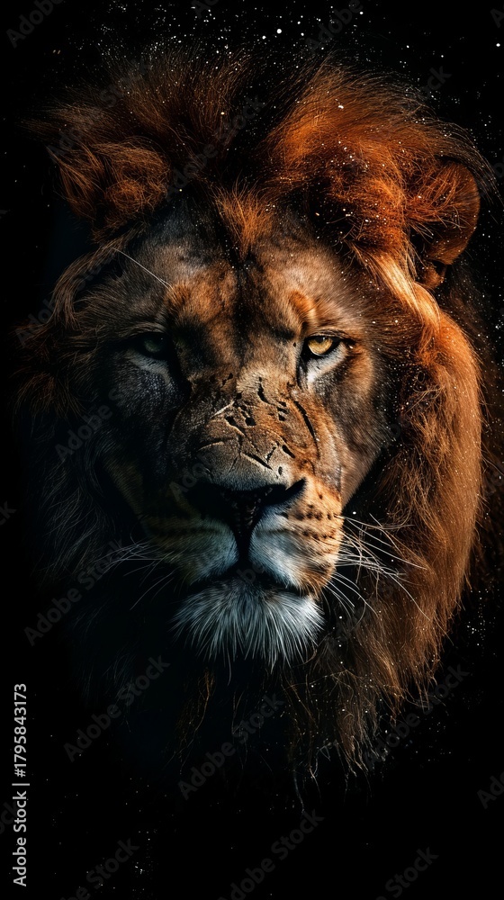 Fototapeta premium Majestic portrait of a powerful male lion with an intense gaze. Vertical photo of a wild king with a scarred face on a dark black background. Symbol of strength and courage