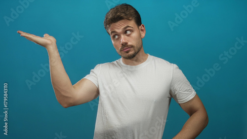 Man points finger with raised right hand and open palm while wearing white t shirt and looking sideways in blue studio; doubt.