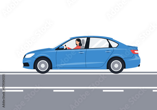Blue Sedan with Driver on Road