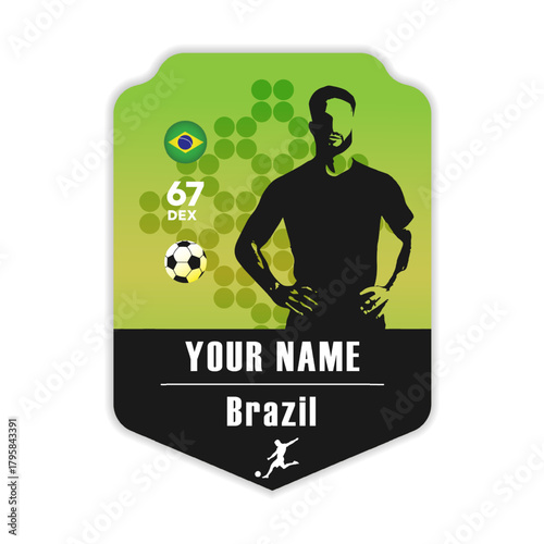 Soccer player profile card template with Brazil flag, silhouette, score, and customizable text, for sports games or trading card design.