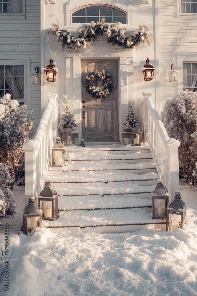 Obraz premium Snow-dusted porch steps lead to glowing wreath-lit door flanked by lantern candles and garland. Welcoming holiday entrance, enchanting winter homecoming vibe.