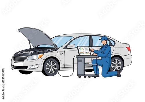 Car Mechanic Diagnosing Vehicle with Computerized Equipment