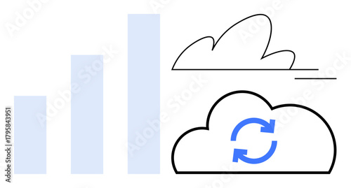Cloud with sync symbol, bar chart, and abstract outline of clouds. Ideal for technology, business, data analysis, cloud computing, storage synchronization and sustainable development. Simple flat