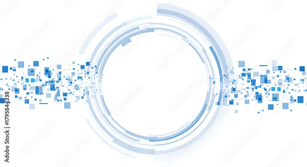 Obraz premium Dynamic digital abstract background with glowing blue geometric shapes and circular data streams, representing futuristic technology and information flow for modern innovation