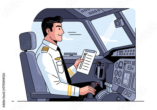Airplane Pilot in Cockpit Checking Checklist Before Flight