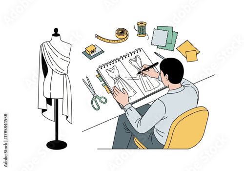 Fashion Designer Sketching Dress Designs with Mannequin and Tools