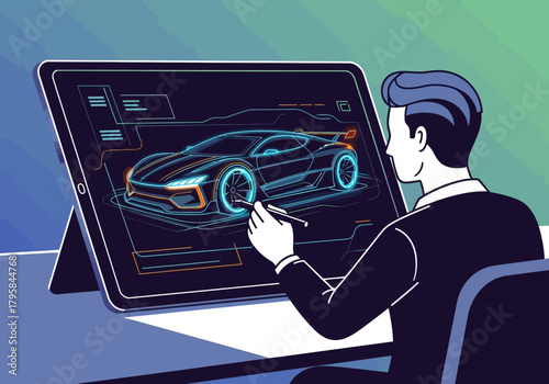 Car Designer Working on Tablet with Stylus Pen, Creating Futuristic Vehicle
