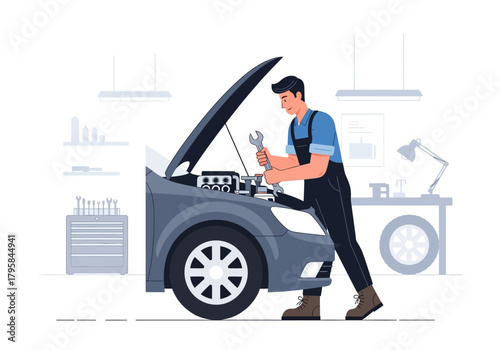Mechanic Working on Car Engine with Wrench in Auto Repair Shop