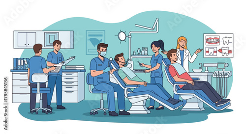 Dental Clinic Scene with Doctors and Patients in Chairs