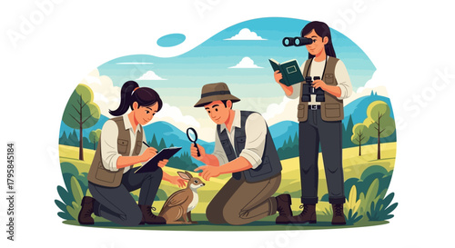 Wildlife Researchers Studying a Hare in a Field with Binoculars and Magnifying Glass