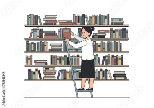 Librarian on Ladder Arranging Books on Shelves in Library