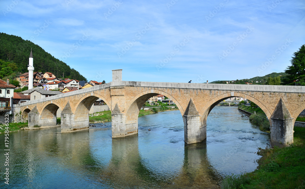 Fototapeta premium The historic Stone Bridge in Konjic, Bosnia and Herzegovina, was built in 1685 during the Ottoman period. It is the city's most important historical