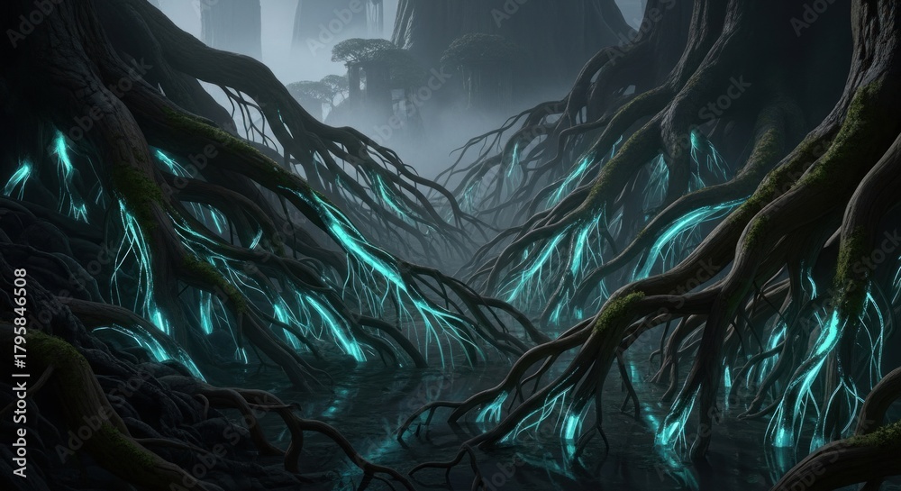 Fototapeta premium Eerie Glowing Roots in a Misty, Dark Fantasy Landscape.