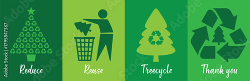 Green holiday recycling message with festive tree icons encouraging sustainable Christmas tree recycling