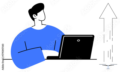 Person using laptop at desk, arrow pointing upward indicating progress, success, innovation, and ambition. Ideal for productivity, business, education, growth achievements technology simple flat