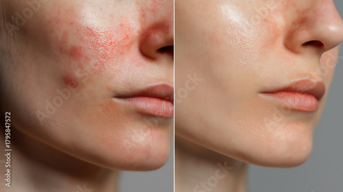 Close up side by side comparison of young Caucasian woman's acne skin and clear skin after treatment
