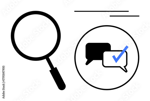 Magnifying glass highlights search, two speech bubbles represent dialogue and feedback, blue check suggests verification. Ideal for communication, research, quality control, analysis, validation