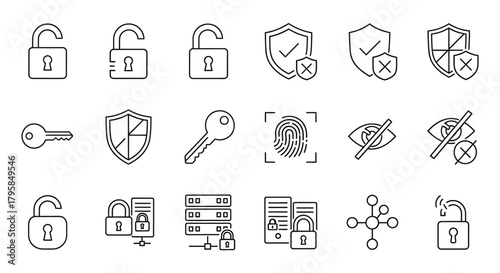 Line icons depicting security, protection, access, and connectivity on a clean, white background