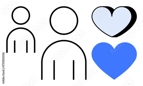 Two minimalist human figures with two hearts in blue and white, symbolizing relationships, care, and empathy. Ideal for love, teamwork, kindness, well-being, mental health social bonds simple flat
