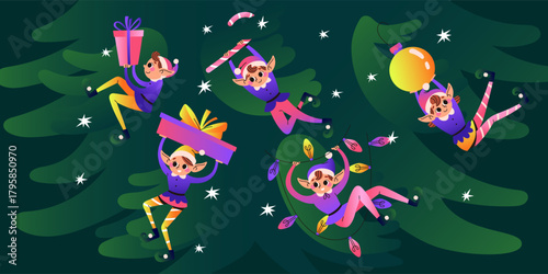 Elves decorate the Christmas tree, prepare gifts, garland and candy cane. Santa Claus helpers. Festive elves on green horizontal background. Vector illustration.