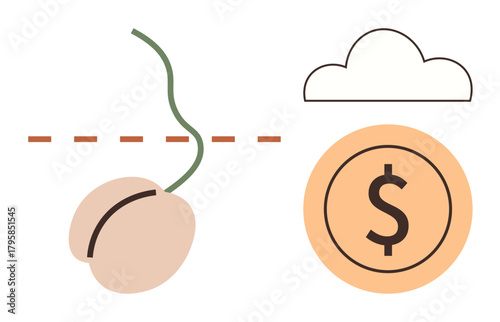 Plant seedling cutting line, upward growth with cloud and coin symbol suggesting technology and financial growth. Ideal for innovation, growth, investment, future, agriculture, cloud computing
